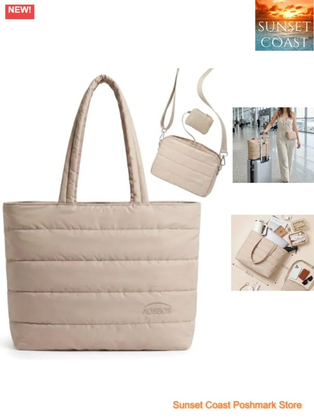 3-in-1 Quilted Puffer Tote Bag with Crossbody & Earbud Pouch, 22L, Fits 15.6